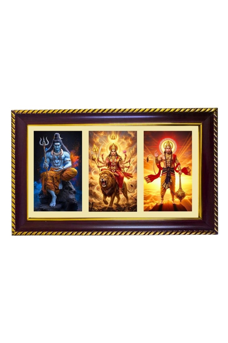 Shiva-Durga-Hanuman Photo Frame 12x8 Inch | Glossy Maroon Polystyrene Frame | Divine Wall & Table Decor | Temple Decoration & Gift Item (Pack Of 1) (F20861)