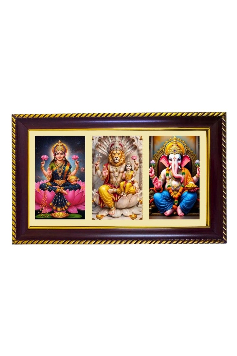 Lakshmi-Narsimha-Ganesha Photo Frame 8x4 Inch | Glossy Maroon Polystyrene Frame | Divine Wall & Table Decor | Temple Decoration & Gift Item (Pack Of 1) (F20790)