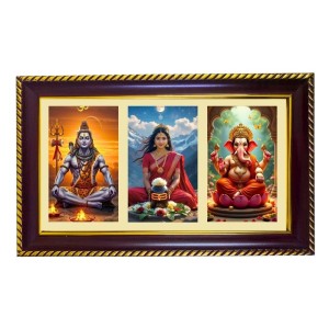 Shiva-Parvti-Ganpati Photo Frame 14x10 Inch | Glossy Maroon Polystyrene Frame | Divine Wall & Table Decor | Temple Decoration & Gift Item (Pack Of 1) (F20816)