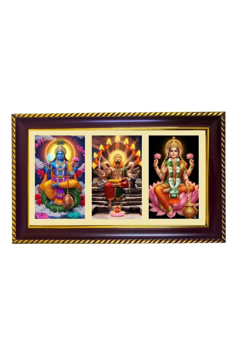 Vishnu-Narshima-Laxmi Photo Frame 8x4 Inch | Glossy Maroon Polystyrene Frame | Divine Wall & Table Decor | Temple Decoration & Gift Item (Pack Of 1) (F20933)