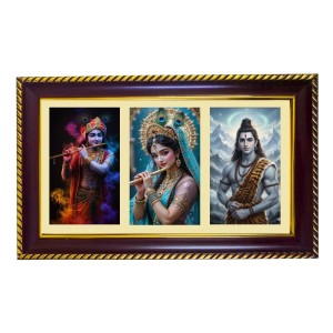 Krishna-Radha-Shiva Photo Frame 12x8 Inch | Glossy Maroon Polystyrene Frame | Divine Wall & Table Decor | Temple Decoration & Gift Item (Pack Of 1) (F20941)
