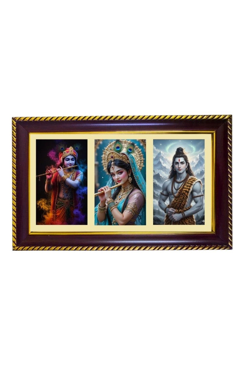 Krishna-Radha-Shiva Photo Frame 12x8 Inch | Glossy Maroon Polystyrene Frame | Divine Wall & Table Decor | Temple Decoration & Gift Item (Pack Of 1) (F20941)