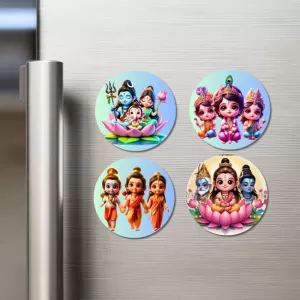 Shiva, Parvati, Ganesha, Kartikeya Fridge Magnets Ã¢â‚¬â€œ 4 Piece Set | 3 Inch Round Wall Fridge Decor (F23228)