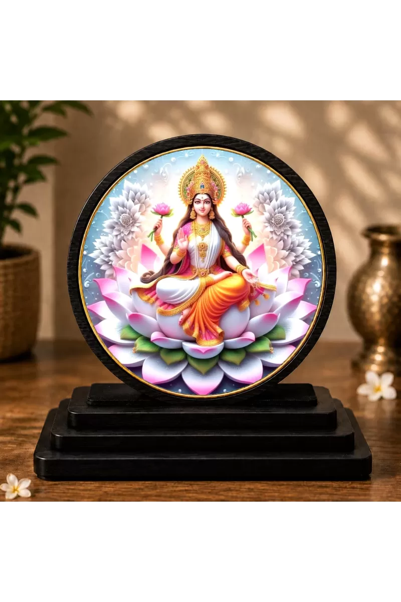 Premium Wooden Goddess Lakshmi Showpiece For Car Dashboard & Office Table | 4 X 4.5 Inch Sublimation Printed Decorative Stand | 4 Mm MDF | Home Decor | Made In India (F33498)