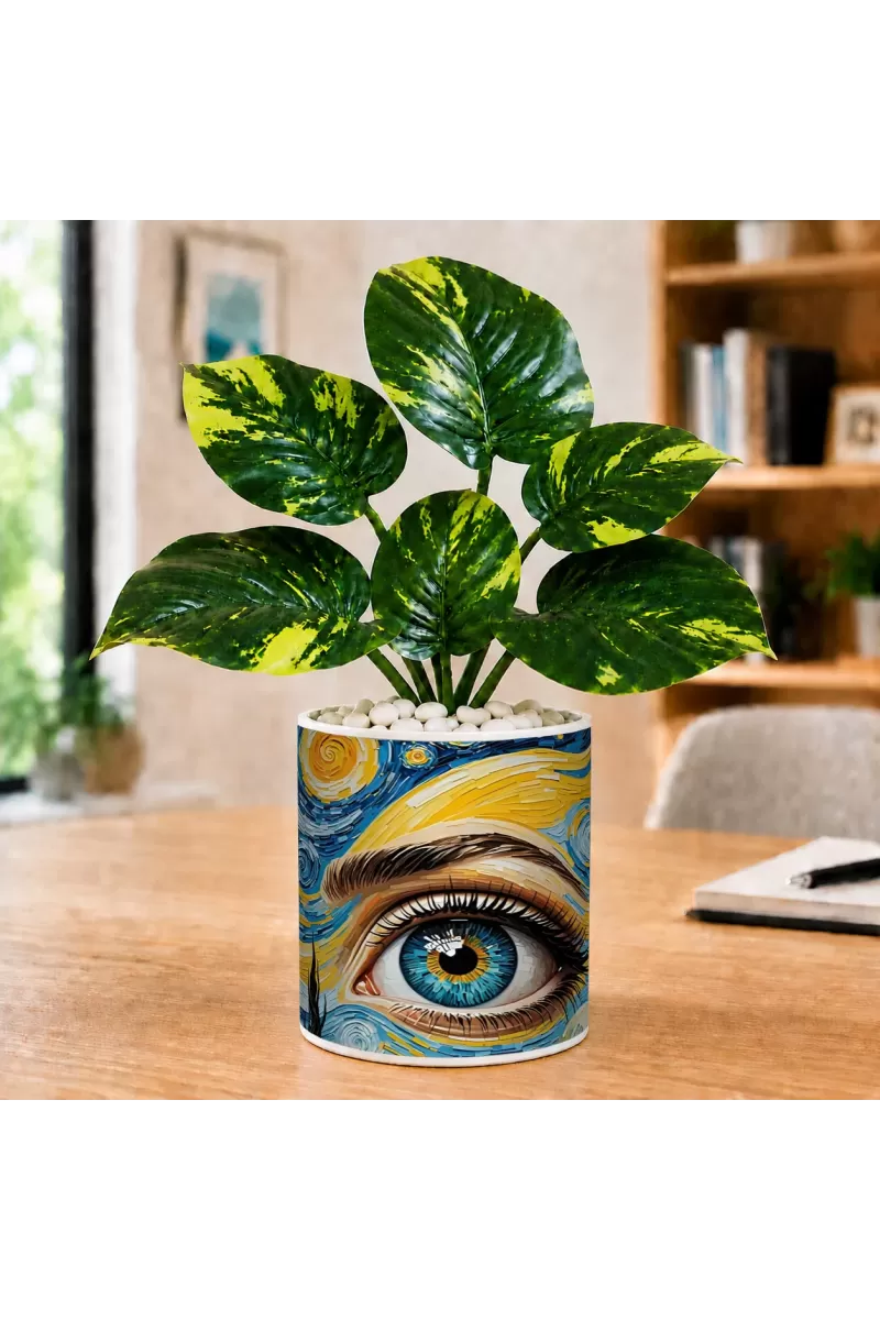 Artificial Tree Ceramic Photo Pot With White Stones 3x4 Inch (F164470)