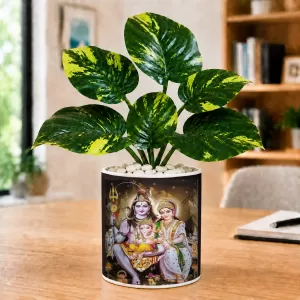 Artificial Tree Ceramic Photo Pot With White Stones 3x4 Inch (F164473)