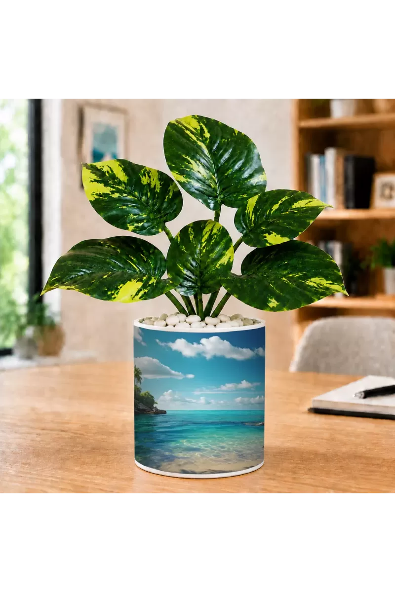 Artificial Tree Ceramic Photo Pot With White Stones 3x4 Inch (F164481)