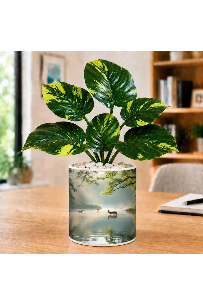 Artificial Tree Ceramic Photo Pot With White Stones 3x4 Inch (F164483)