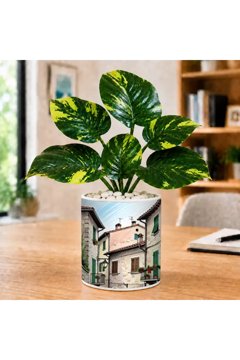 Artificial Tree Ceramic Photo Pot With White Stones 3x4 Inch (F164485)