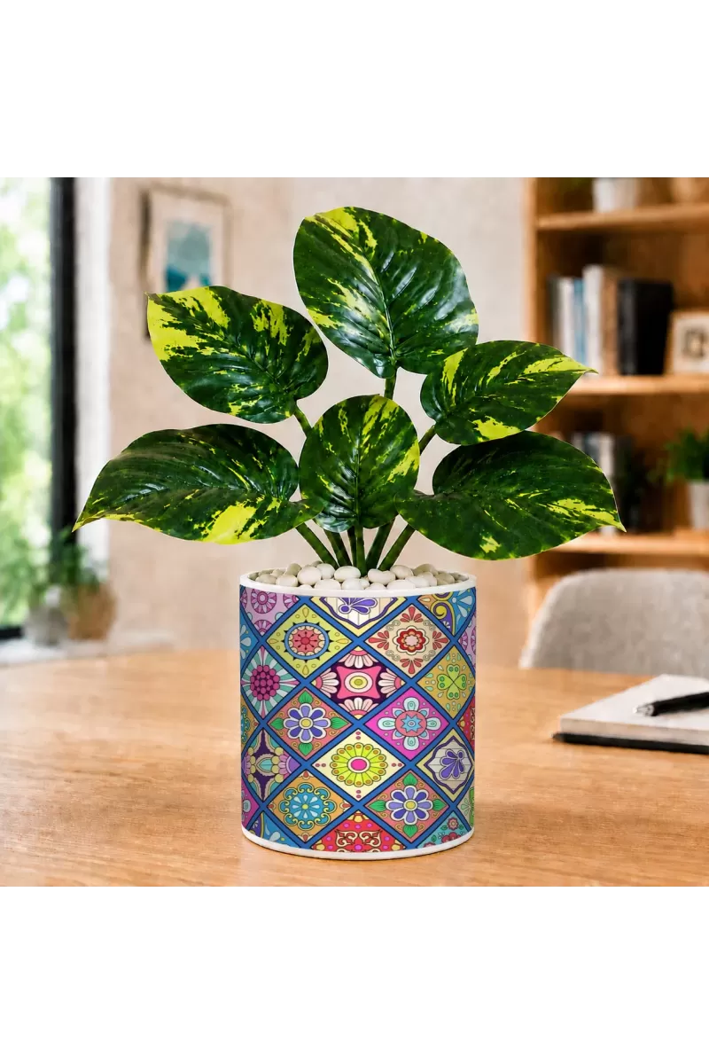 Artificial Tree Ceramic Photo Pot With White Stones 3x4 Inch (F164587)