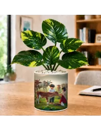 Artificial Tree Ceramic Photo Pot With White Stones 3x4 Inch (F164738)