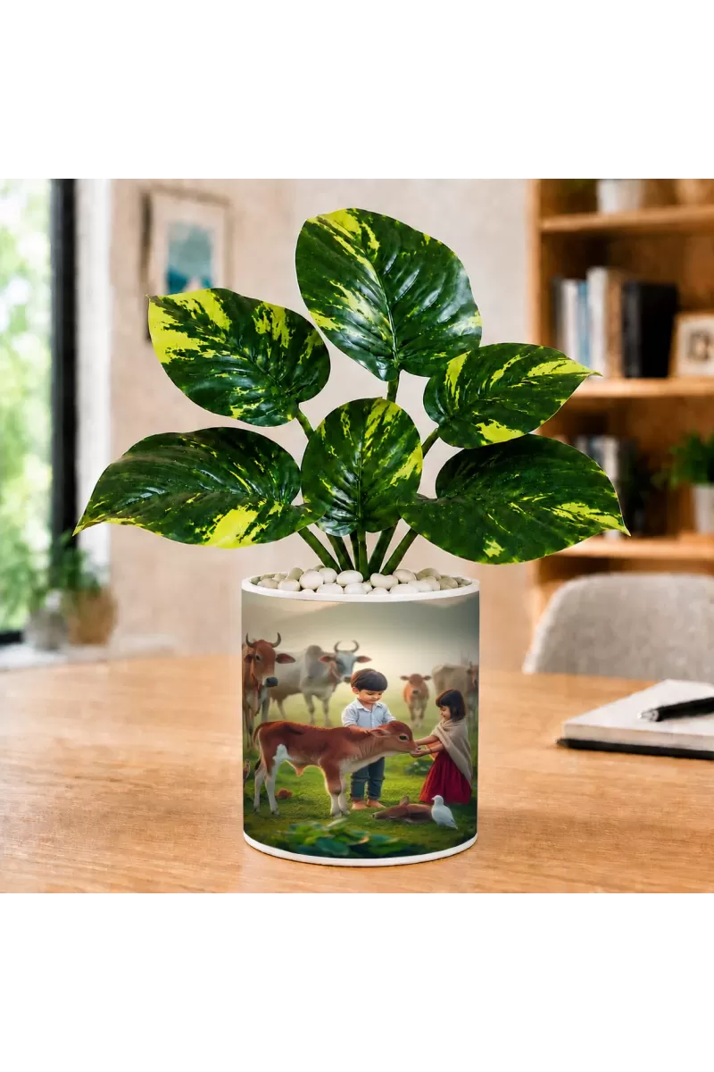 Artificial Tree Ceramic Photo Pot With White Stones 3x4 Inch (F164738)