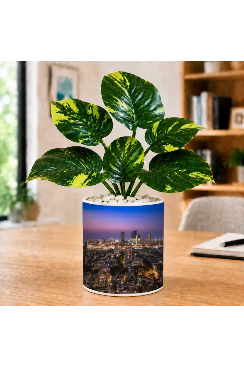Artificial Tree Ceramic Photo Pot With White Stones 3x4 Inch (F164888)