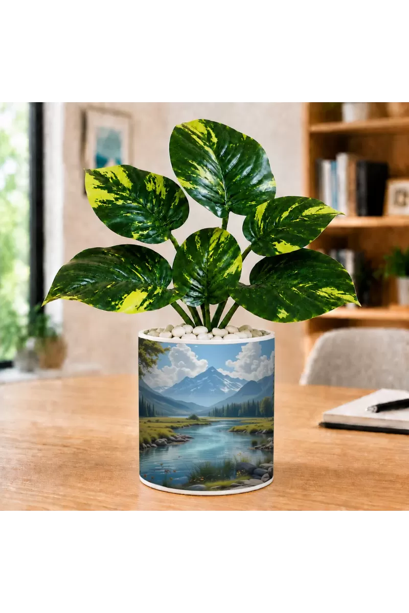 Artificial Tree Ceramic Photo Pot With White Stones 3x4 Inch (F166145)