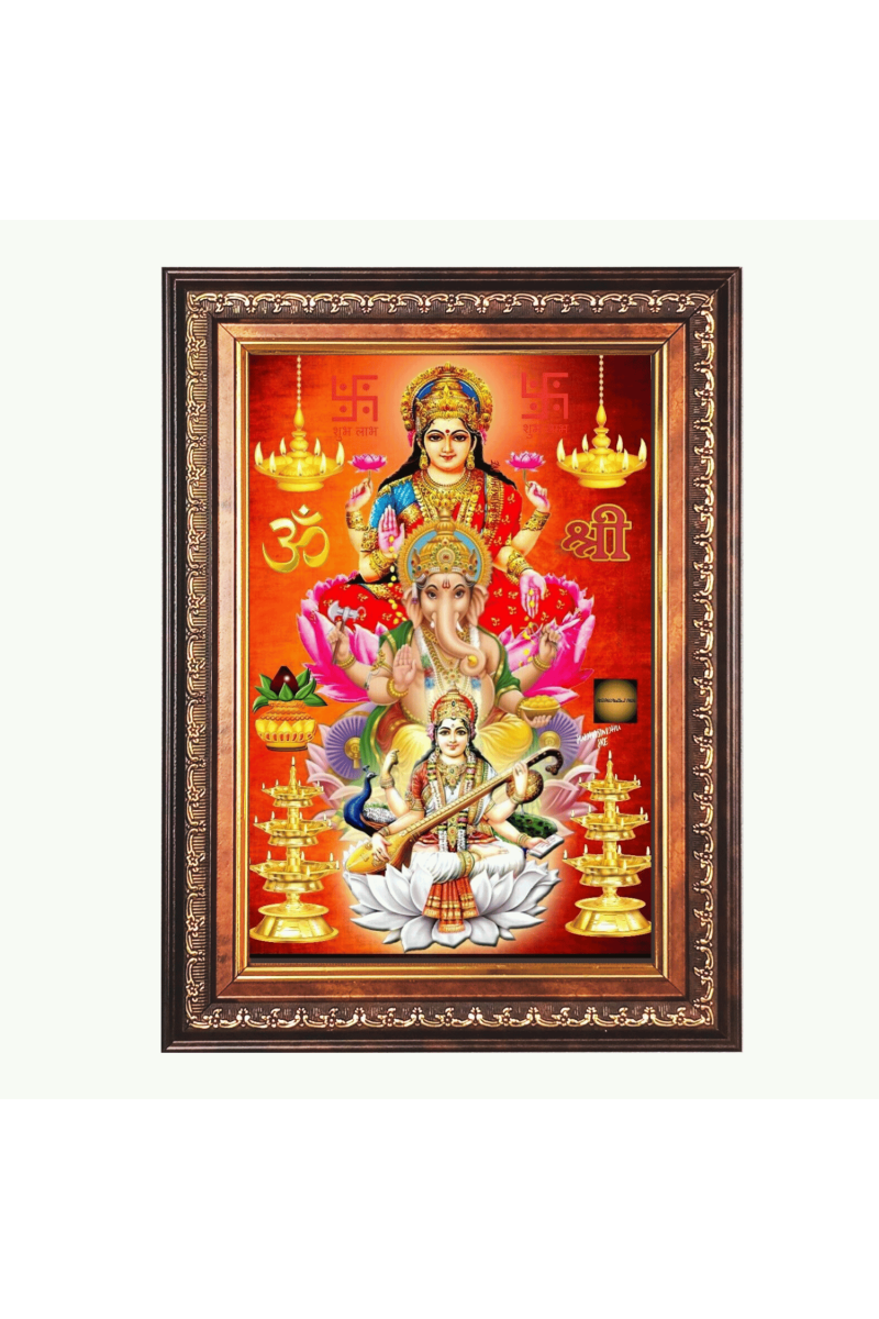 Shri Ganesh Laxmi Saraswati Color Photo frame 10x14 Inch - Vibrant Religious Wall Art for Home ,Office Decor,Temple Decoration and Gifting.
