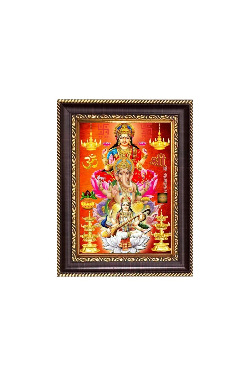 Sri Maa Lakshmi, Sri Ganeshji and Sri Maa Saraswati Digital Print Photo 6.7x8.7 inches - Vibrant Religious Desk And Wall Art for Home , Office and Temple Decor and Gifting.