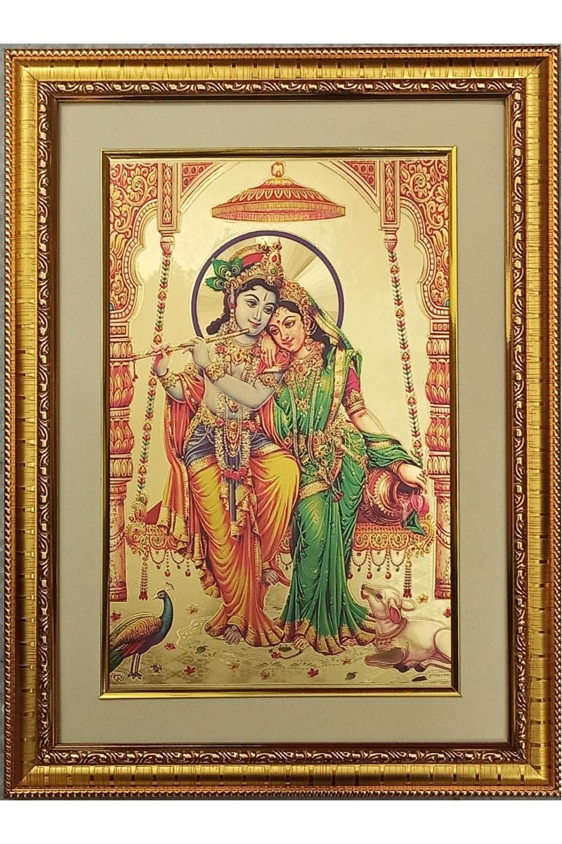 Sri Radha & Sri Krishna Golden Photo 11.5x15.5 Inches Perfect for Home, Office & Temple Decoration