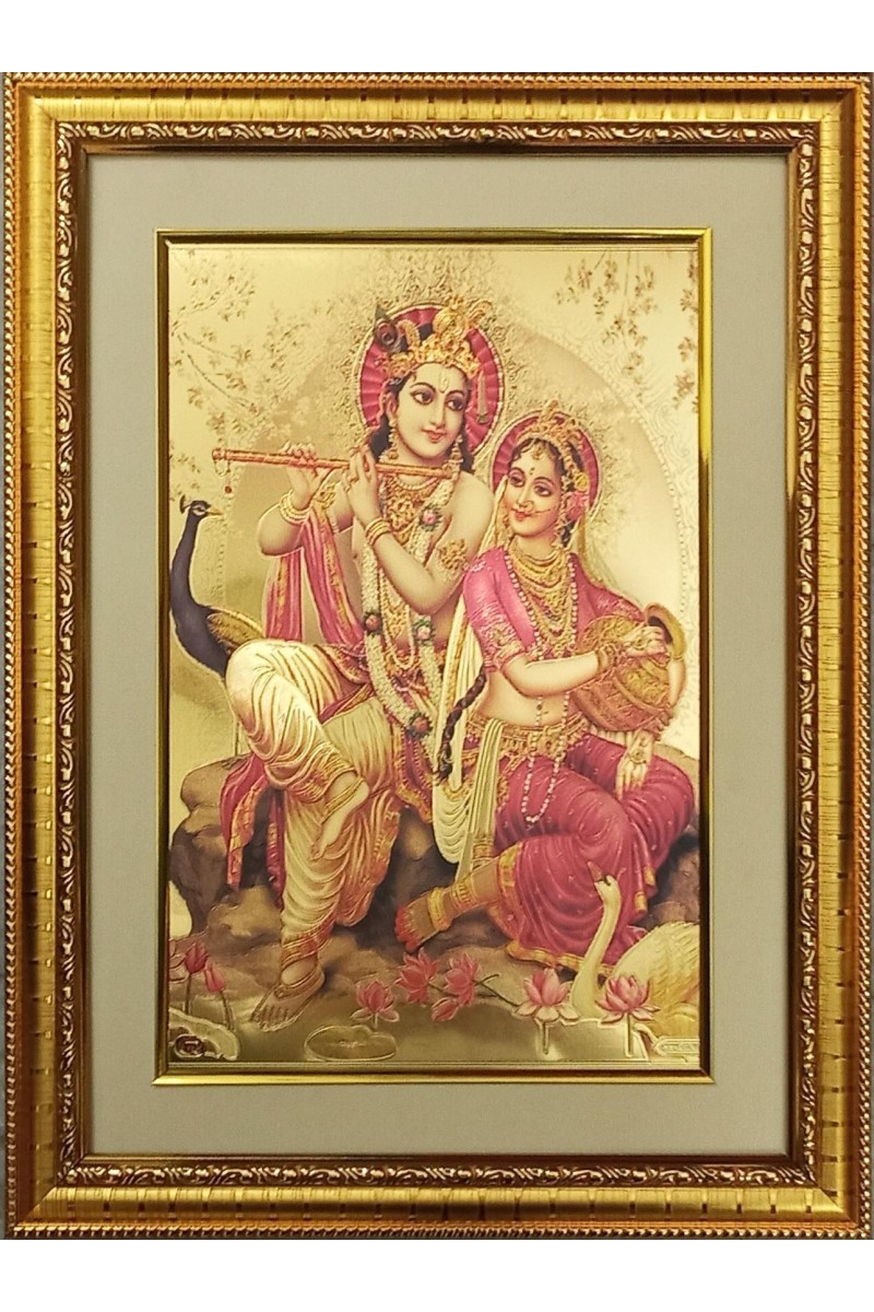 Sri Radha & Sri Krishna Golden Photo 11.5x15.5 Inches Perfect for Home, Office & Temple Decoration