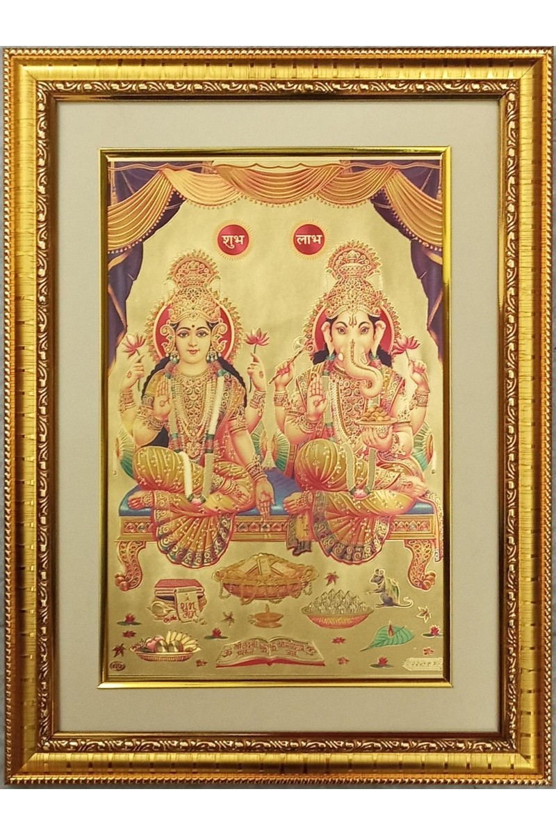 Maa Laxmi and Lord Ganeshji Golden Photo 11.5x15.5 Inches Perfect for Home, Office & Temple Decoration