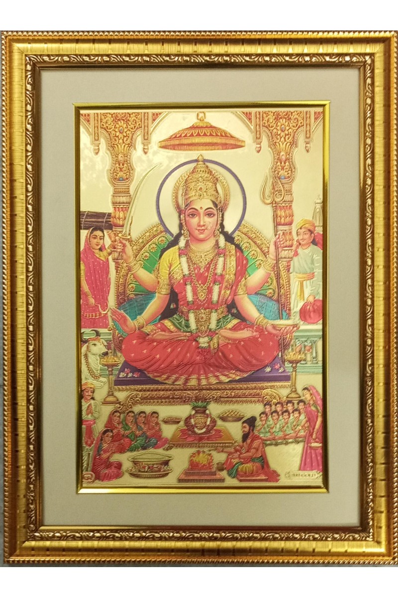 Maa Santoshi Mata Golden Photo 11.5x15.5 Inches Perfect for Home, Office & Temple Decoration
