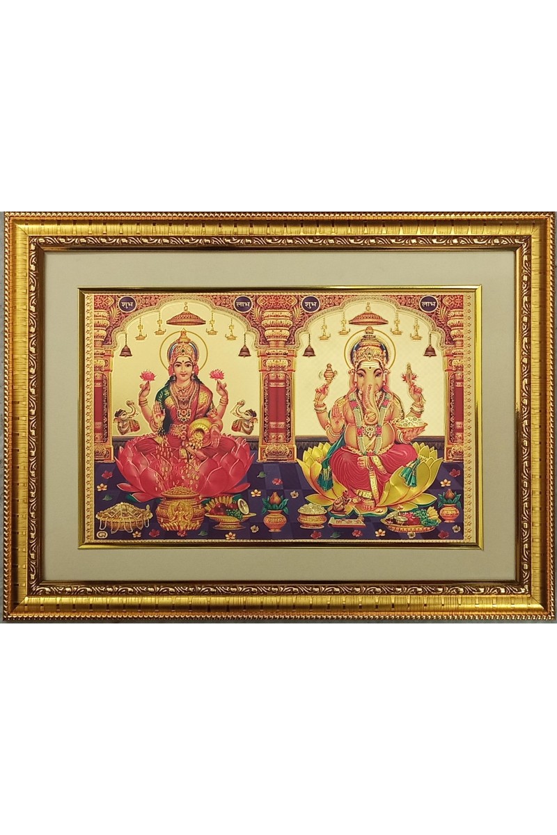 Maa Laxmi and Lord Ganesh Golden Photo 11.5x15.5 Inches Perfect for Home, Office & Temple Decoration