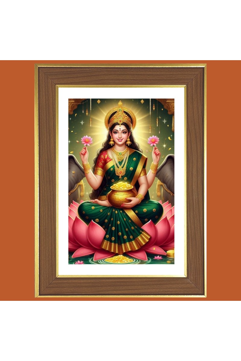 Goddess laxmi Photo Frame  10x14 Inches-Brown Wooden Frame for Home , Office & Temple Decoration and Gifting