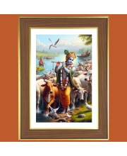 Shri Krishna Playing Flute With Cows Photo Frame  10x14 Inches-Brown Wooden Frame for Home , Office & Temple Decoration and Gifting