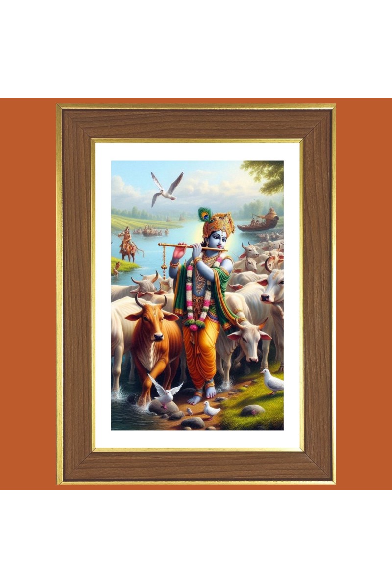 Shri Krishna Playing Flute With Cows Photo Frame  10x14 Inches-Brown Wooden Frame for Home , Office & Temple Decoration and Gifting