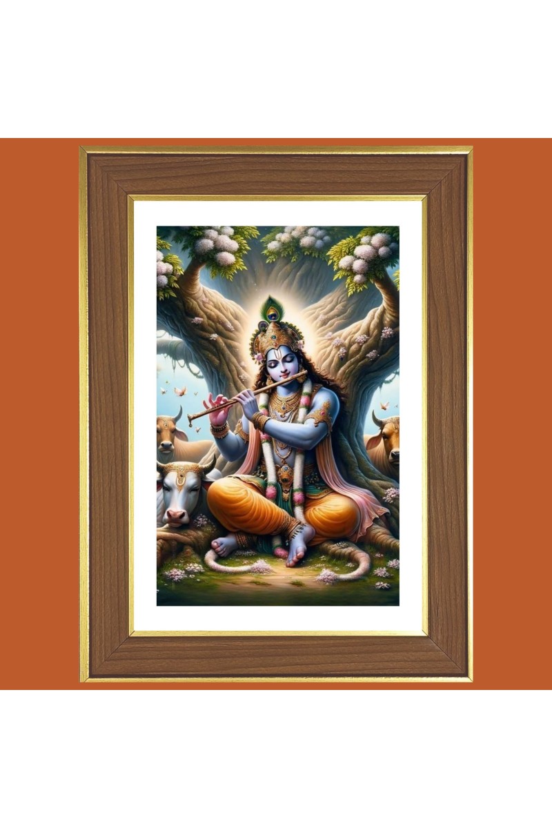 Lord krishna playing flute Photo Frame  10x14 Inches-Brown Wooden Frame for Home , Office & Temple Decoration and Gifting