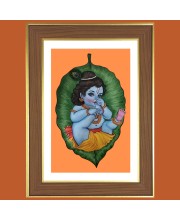 Baby Krishna with leaf Photo Frame  10x14 Inches-Brown Wooden Frame for Home , Office & Temple Decoration and Gifting