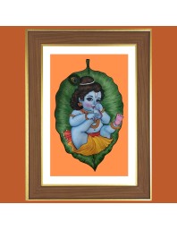Baby Krishna with leaf Photo Frame  10x14 Inches-Brown Wooden Frame for Home , Office & Temple Decoration and Gifting