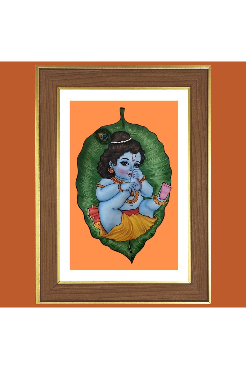 Baby Krishna with leaf Photo Frame  10x14 Inches-Brown Wooden Frame for Home , Office & Temple Decoration and Gifting