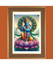 Sri Krishna On Lotus Photo Frame  10x14 Inches-Brown Wooden Frame for Home , Office & Temple Decoration and Gifting