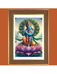 Sri Krishna On Lotus Photo Frame  10x14 Inches-Brown Wooden Frame for Home , Office & Temple Decoration and Gifting