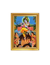 Bal Krishna Dancing On Kaliya Naag Photo Frame - 10x14 Inches, Brown Wooden Frame for Home , Office & Temple Decoration