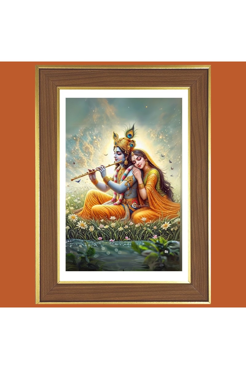 Radha krishna with flute Photo Frame  10x14 Inches-Brown Wooden Frame for Home , Office & Temple Decoration and Gifting