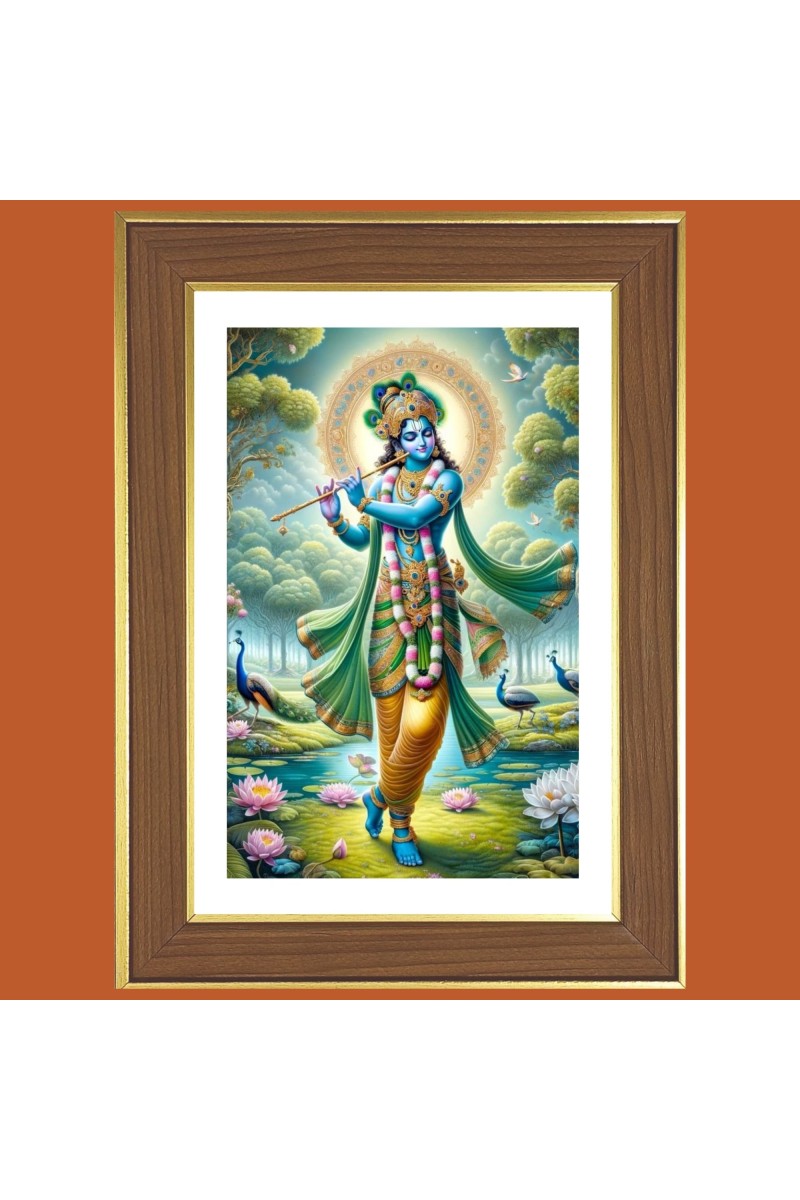 Lord Krishna playing Murali Photo Frame  10x14 Inches-Brown Wooden Frame for Home , Office & Temple Decoration and Gifting