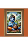 Baby Krishna eating butter Photo Frame  10x14 Inches-Brown Wooden Frame for Home , Office & Temple Decoration and Gifting