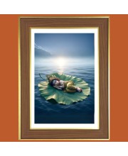 Baby Krishna Sleeping on a Leaf Photo Frame  10x14 Inches-Brown Wooden Frame for Home , Office & Temple Decoration and Gifting