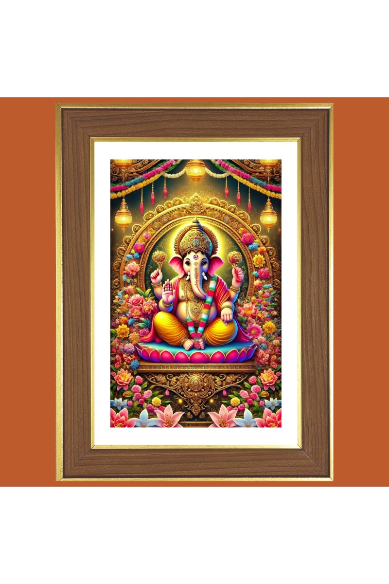 Lord Vinayaka Photo Frame  10x14 Inches-Brown Wooden Frame for Home , Office & Temple Decoration and Gifting