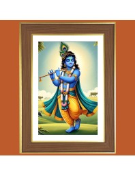 Lord krishna with flute Photo Frame  10x14 Inches-Brown Wooden Frame for Home , Office & Temple Decoration and Gifting