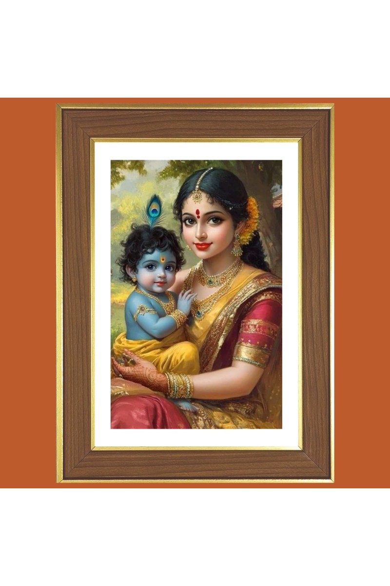 Yashoda maa with little krishna Photo Frame  10x14 Inches-Brown Wooden Frame for Home , Office & Temple Decoration and Gifting