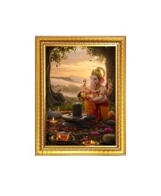 Lord Ganesh Photo Frame - 10x14 Inches, Brown Wooden Frame for Home , Office & Temple Decoration