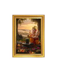Lord Ganesh Photo Frame - 10x14 Inches, Brown Wooden Frame for Home , Office & Temple Decoration