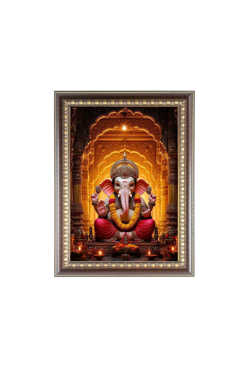 Lord Ganesh Photo Frame - 10x14 Inches, Brown Wooden Frame for Home , Office & Temple Decoration