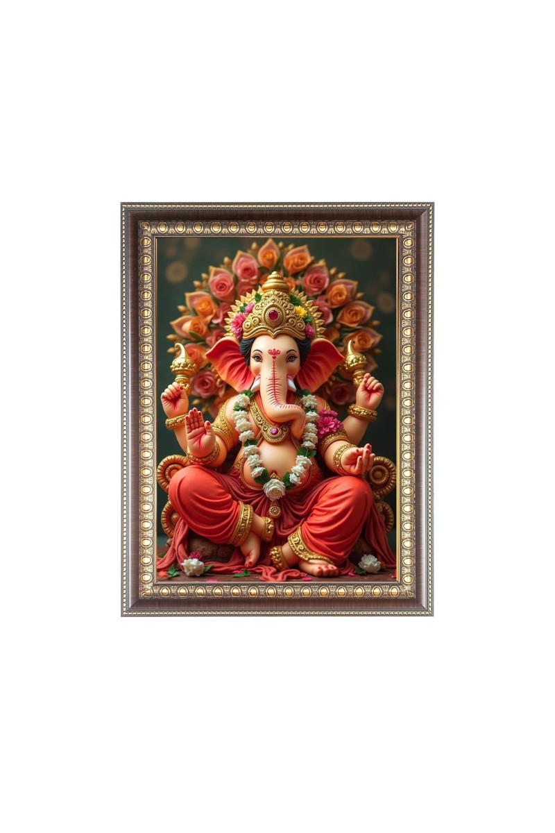 Lord Ganesh Photo Frame - 10x14 Inches, Brown Wooden Frame for Home , Office & Temple Decoration