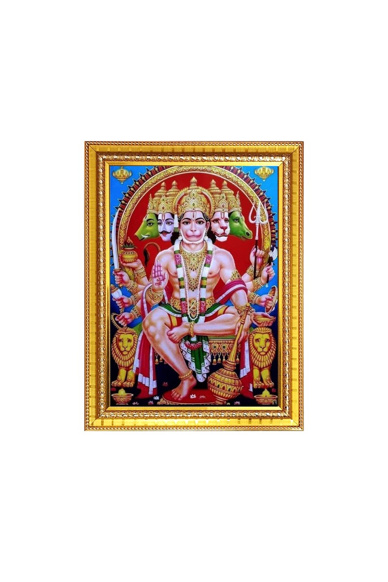 Lord Panchmukhi Hanuman ji Photo Frame - 10x14 Inches, Brown Wooden Frame for Home , Office & Temple Decoration