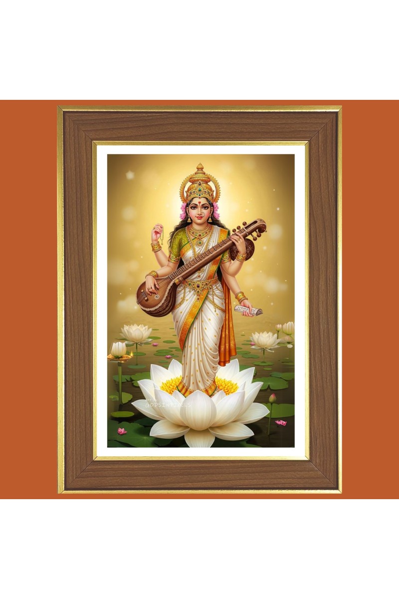 Goddess Saraswati maa Photo Frame  10x14 Inches-Brown Wooden Frame for Home , Office & Temple Decoration and Gifting