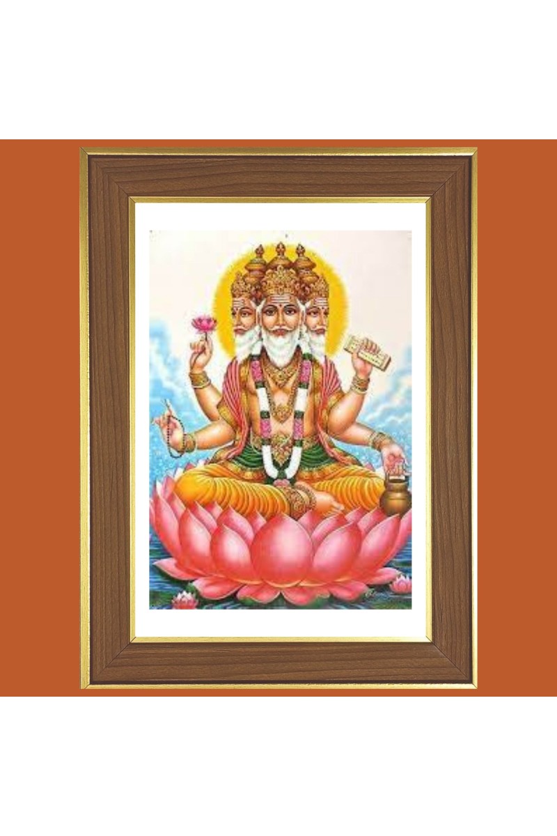 Lord Brahma on Lotus  Photo Frame  10x14 Inches-Brown Wooden Frame for Home , Office & Temple Decoration and Gifting