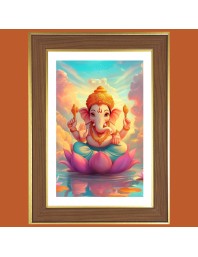 Ganesha on lotus Photo Frame  10x14 Inches-Brown Wooden Frame for Home , Office & Temple Decoration and Gifting